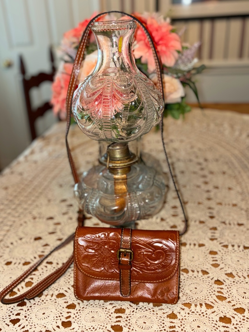 Patricia Nash Brown Leather Crossbody Bag with Floral Embossing
